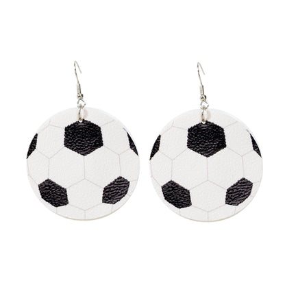 Unique Black White Leather Round Football Soccer Drop Statement Party Earrings-3