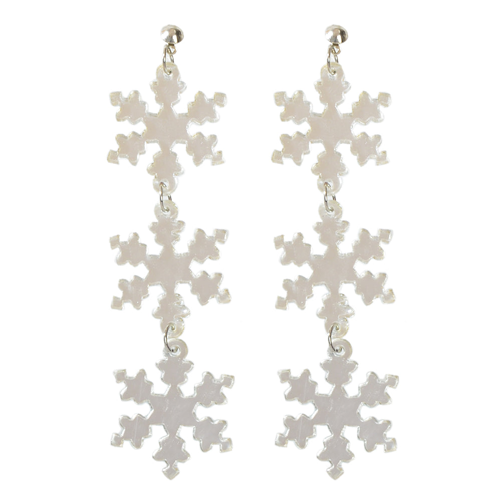 Christmas Jewellery Silver Long Resin Acrylic Snowflake Big Dangle Stud Earrings-4