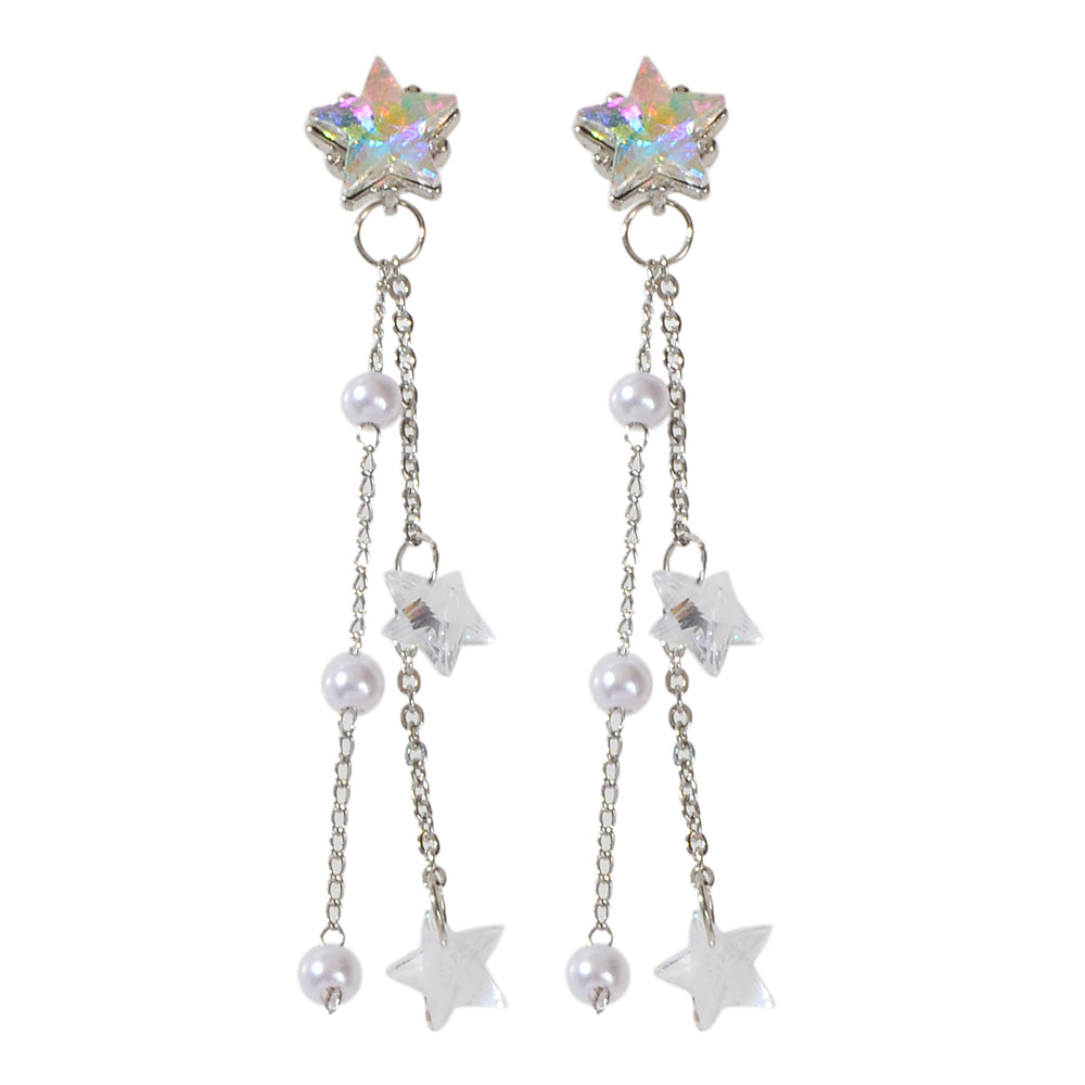 Women Trendy Silver Chain Resin Transparent Beads Star Dangle Pendant Earrings-3