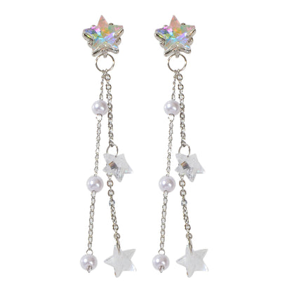 Women Trendy Silver Chain Resin Transparent Beads Star Dangle Pendant Earrings-3