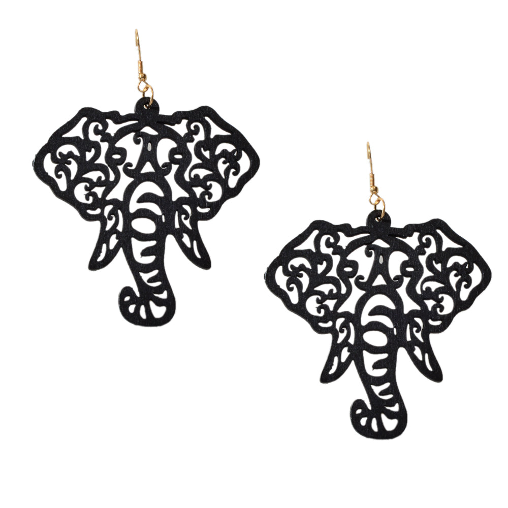 American Jewellery Indian Black Hollow Wood Elephant Big Ethnic Dangle Earrings-3