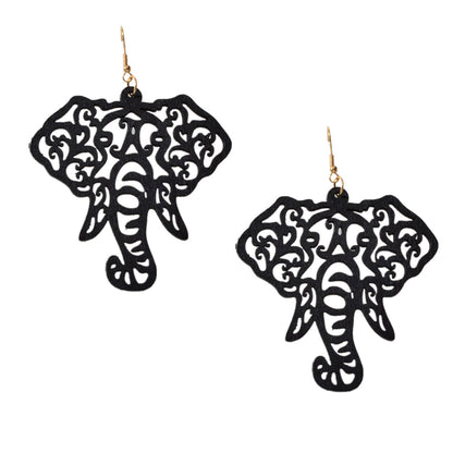 American Jewellery Indian Black Hollow Wood Elephant Big Ethnic Dangle Earrings-3