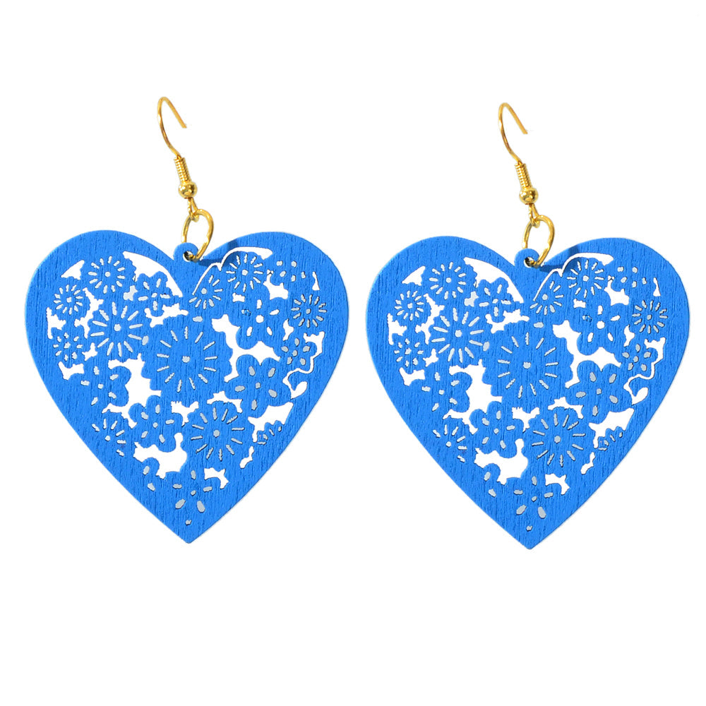 Nice Collection Colorful Wood Flower Pattern Hollow Heart Dangle Ladies Earrings-3