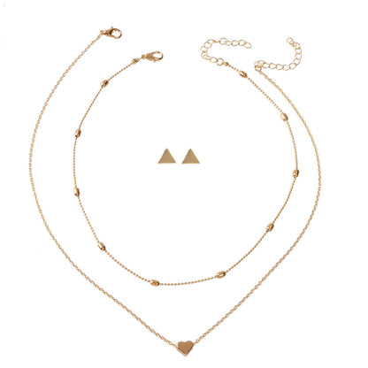 Double Layer Gold Chain Heart Charm Necklace Triangle Stud Earrings Jewelry Set-0