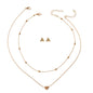Double Layer Gold Chain Heart Charm Necklace Triangle Stud Earrings Jewelry Set-0