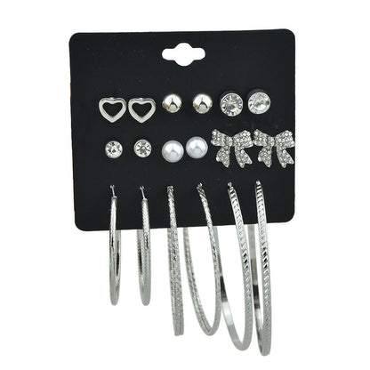 9 pairs Earrings set Rhinstone Ball Pearl Heart Bow Stud Gold Silver Hoop Jewelry-4