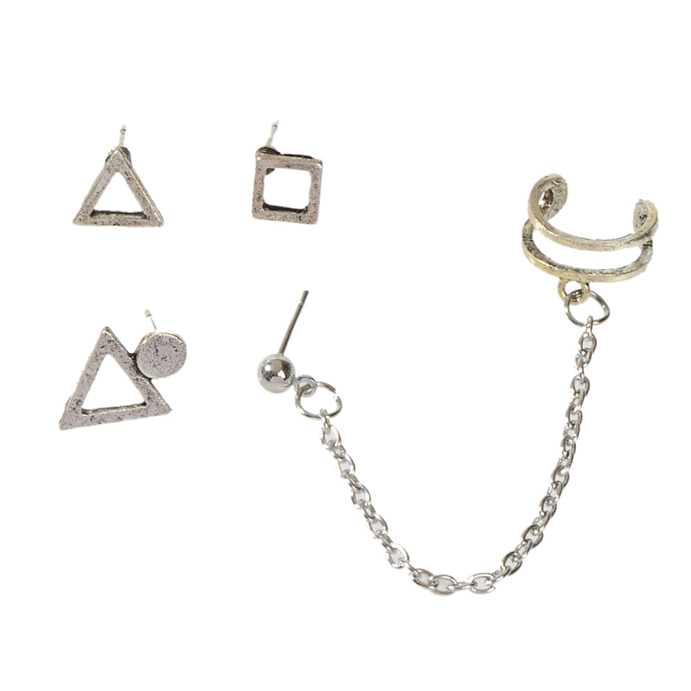 4pcs Cartilage Jewelry Antique Silver Chain Triangle Stud Earrings Boho Ear Cuff-3