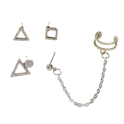 4pcs Cartilage Jewelry Antique Silver Chain Triangle Stud Earrings Boho Ear Cuff-3