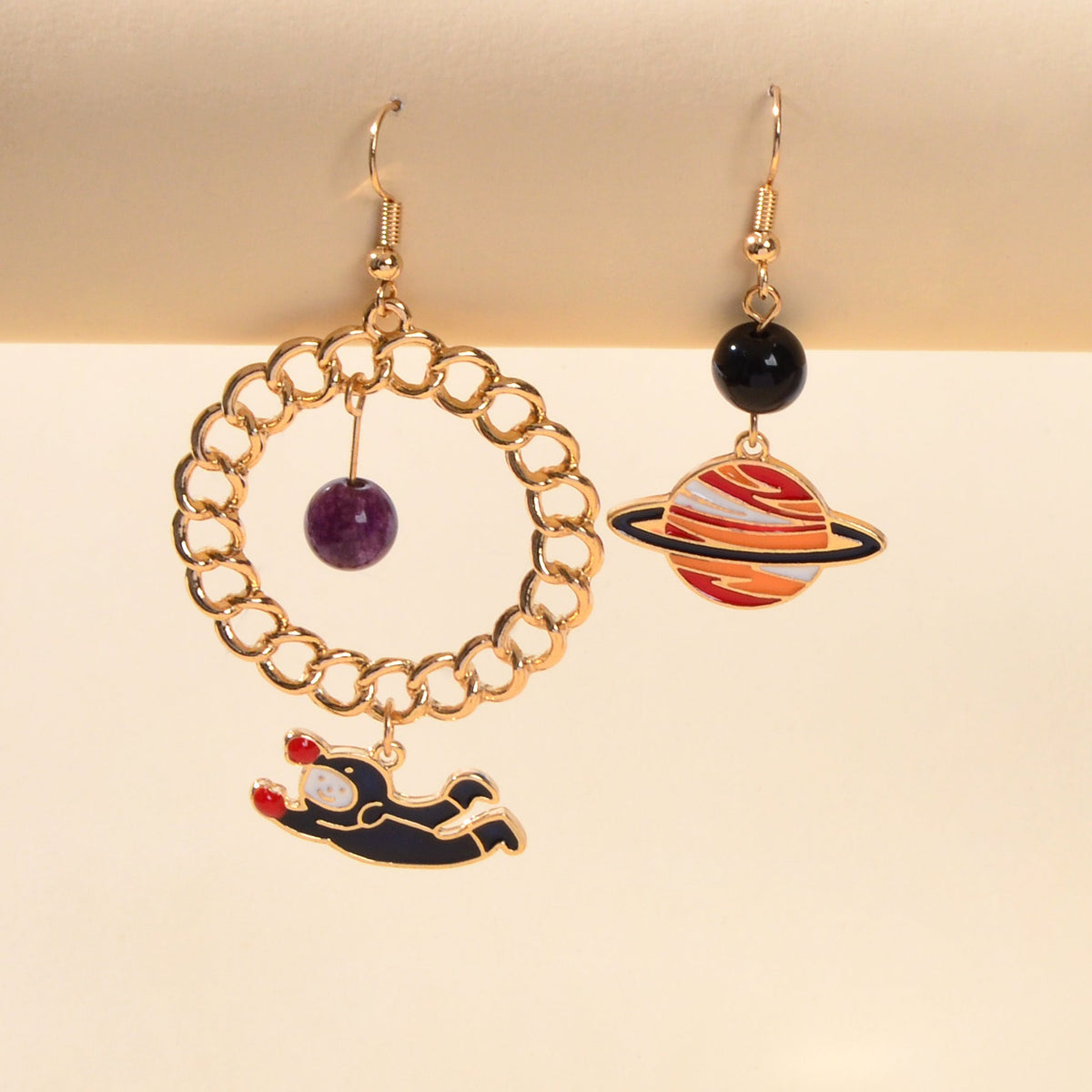 Funny Cute Outer Space Asymmetric Circle Bead Blue Red Planet Astronaut Earrings-0