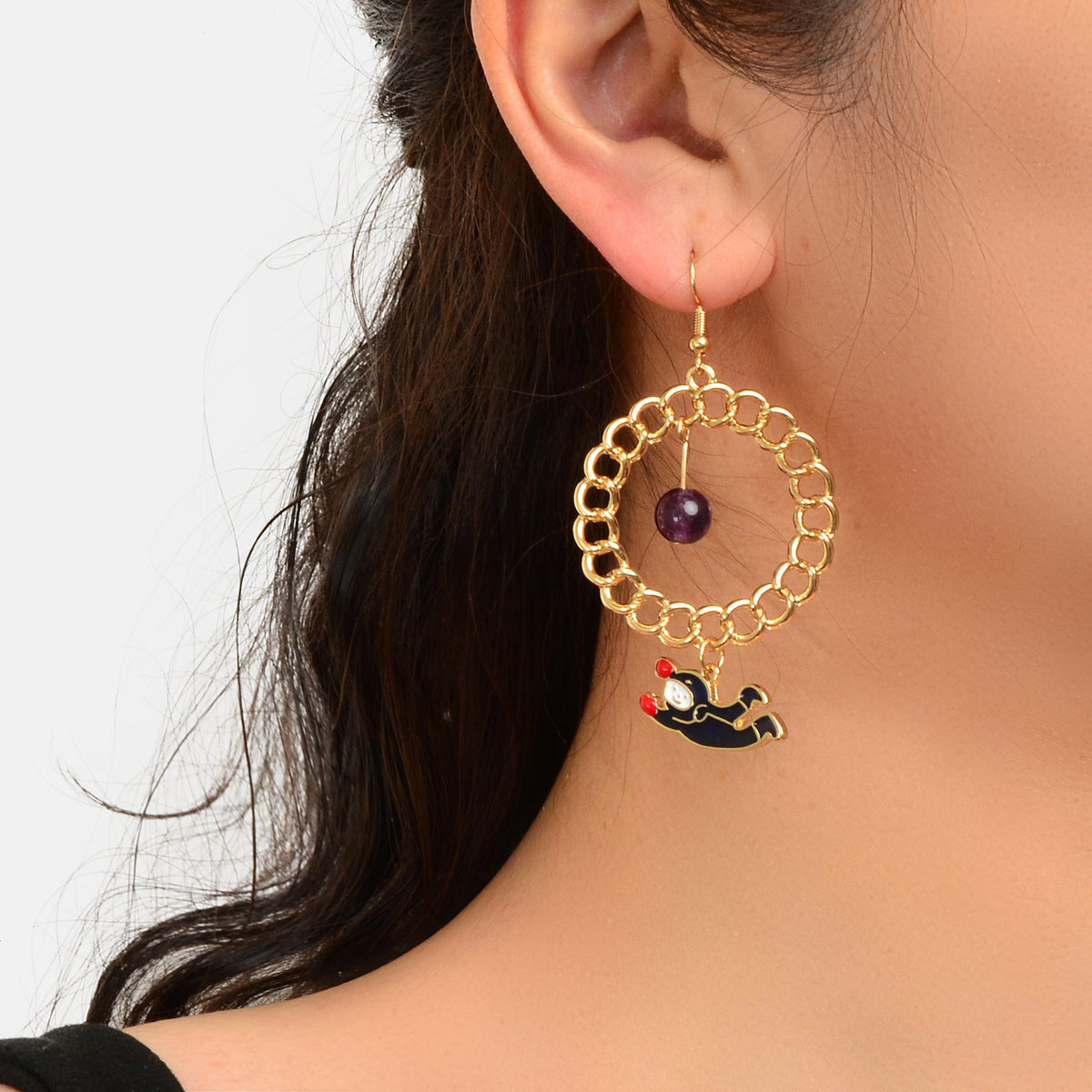Funny Cute Outer Space Asymmetric Circle Bead Blue Red Planet Astronaut Earrings-1