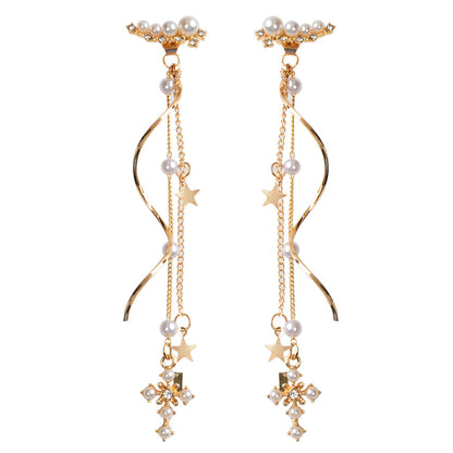 Rhinestone Pearl Gold Star Cross Charm Earrings Ear Jacket Tassel Stud Teen Gift-4