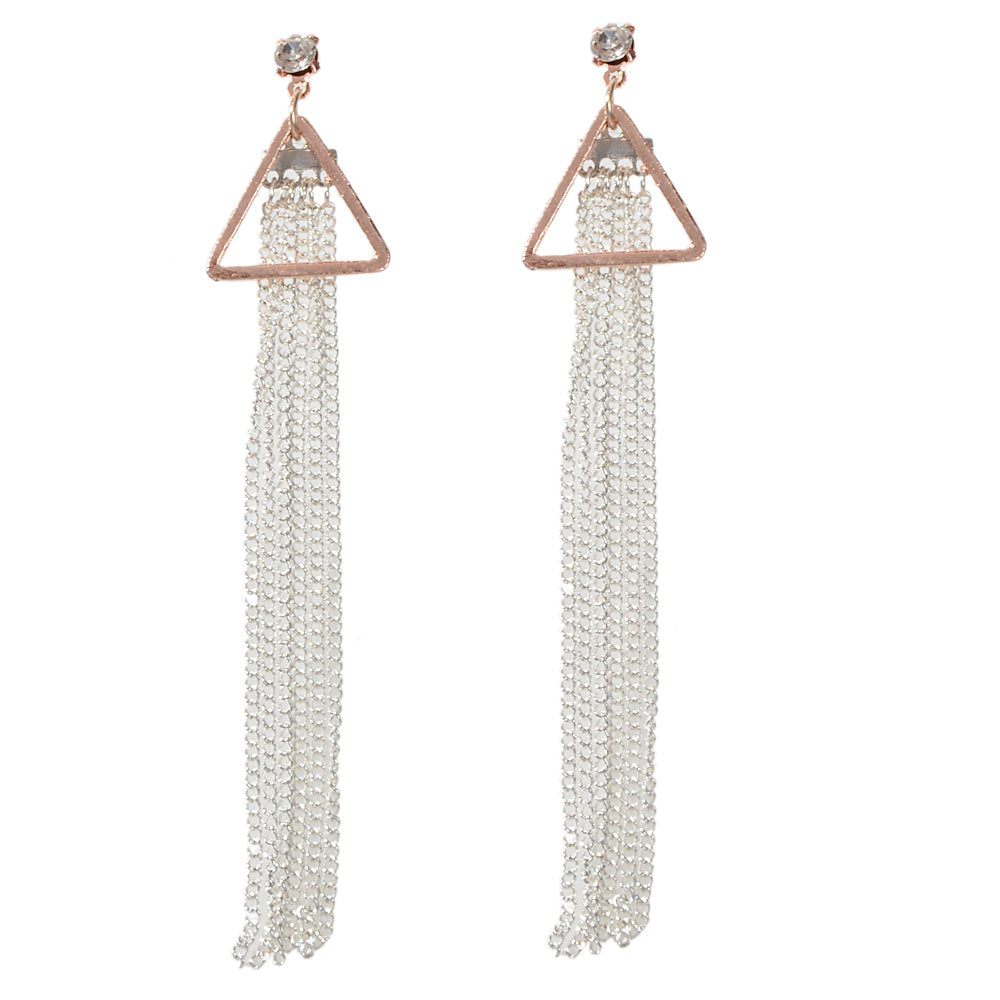 Rhinestone Triangle Silver Tassel Long Chain Drop Dangle Party Stud Earrings-4