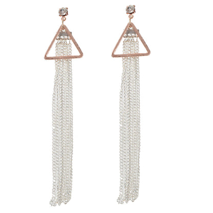 Rhinestone Triangle Silver Tassel Long Chain Drop Dangle Party Stud Earrings-4