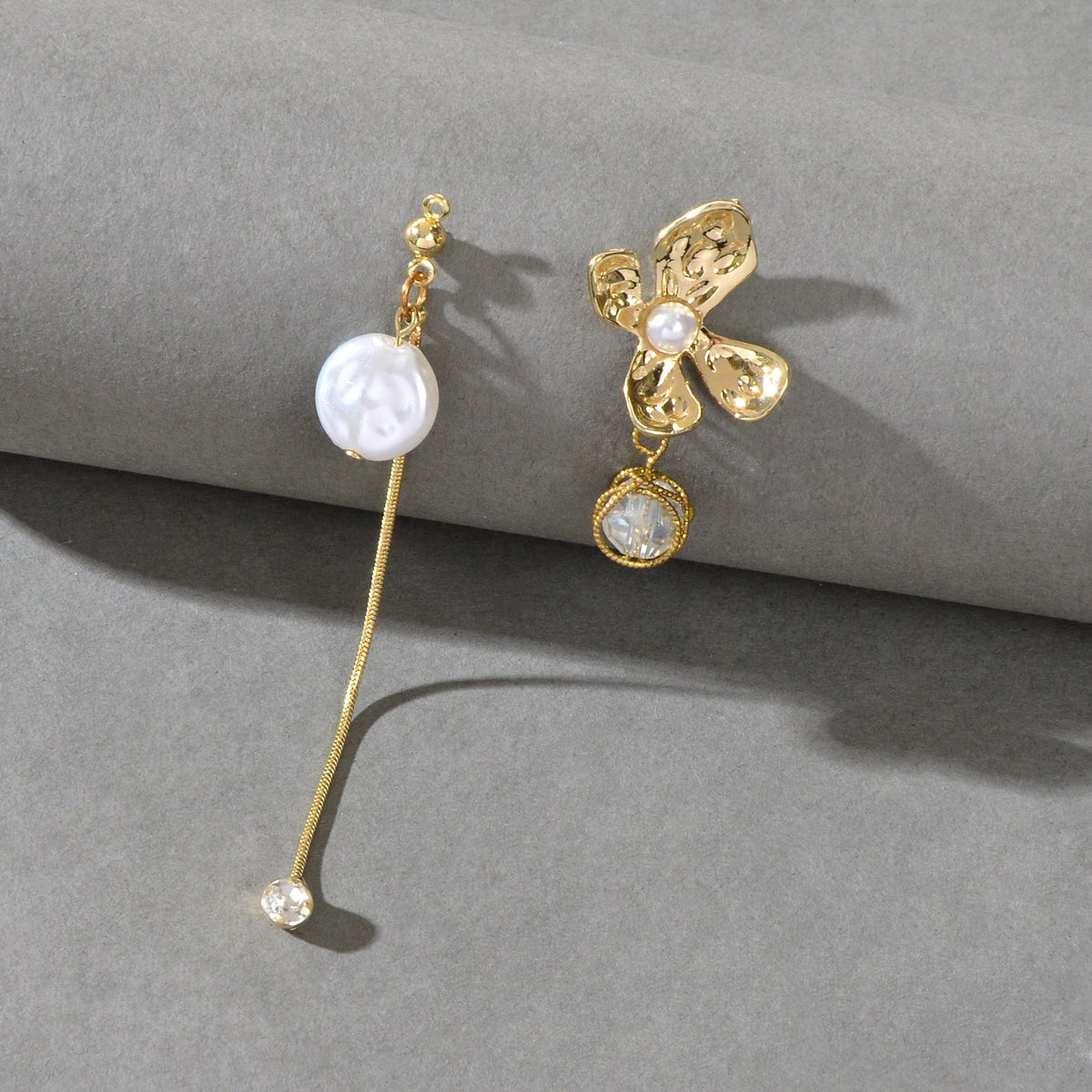 Delicate Rhinestone Long Chain Tassel Gold Flower Asymmetrical Stud Earrings-0