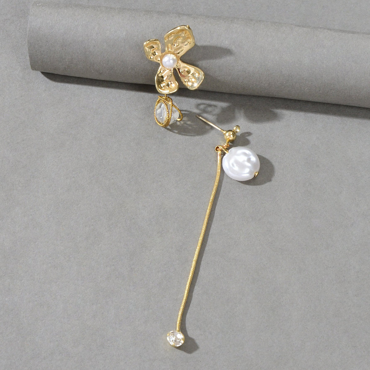 Delicate Rhinestone Long Chain Tassel Gold Flower Asymmetrical Stud Earrings-1