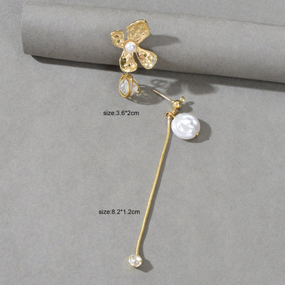 Delicate Rhinestone Long Chain Tassel Gold Flower Asymmetrical Stud Earrings-2
