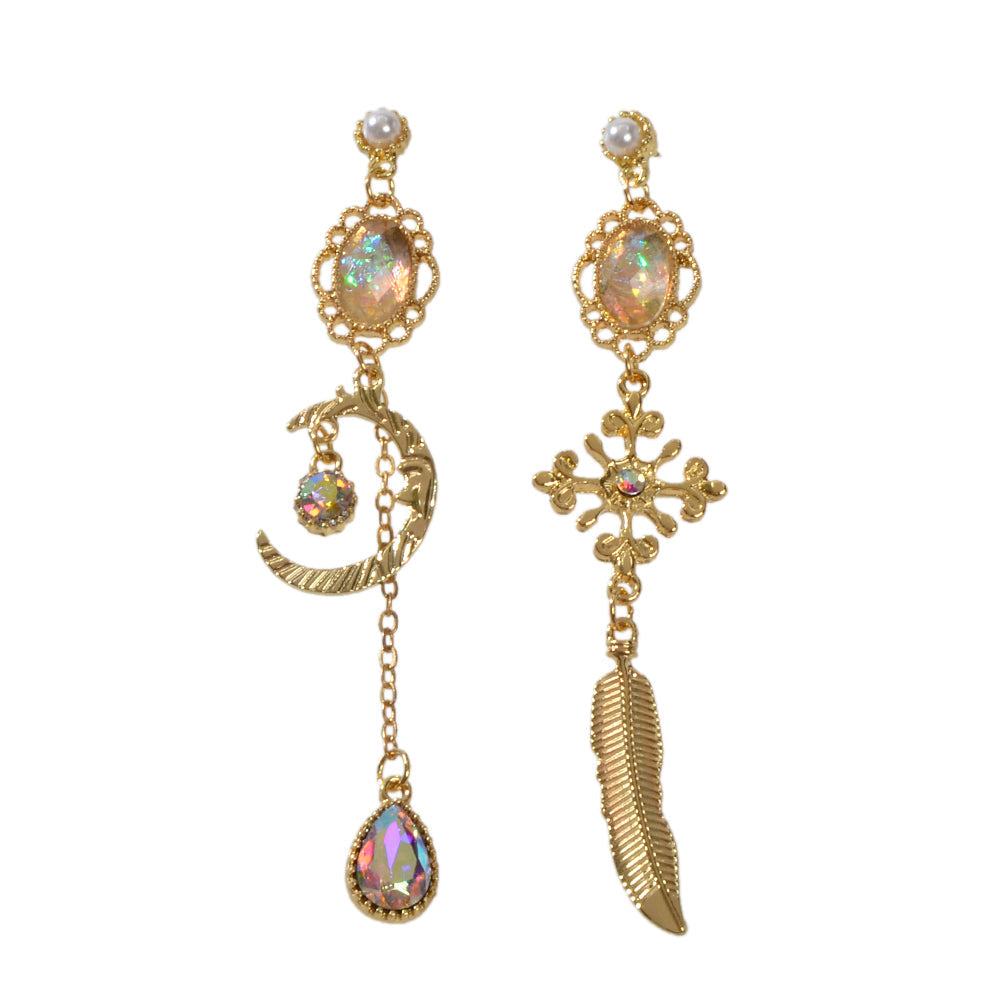 AU Local Rhinestone Moon Feather Snowflake Waterdrop Asymmetric Stud Earrings-0