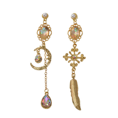 AU Local Rhinestone Moon Feather Snowflake Waterdrop Asymmetric Stud Earrings-0