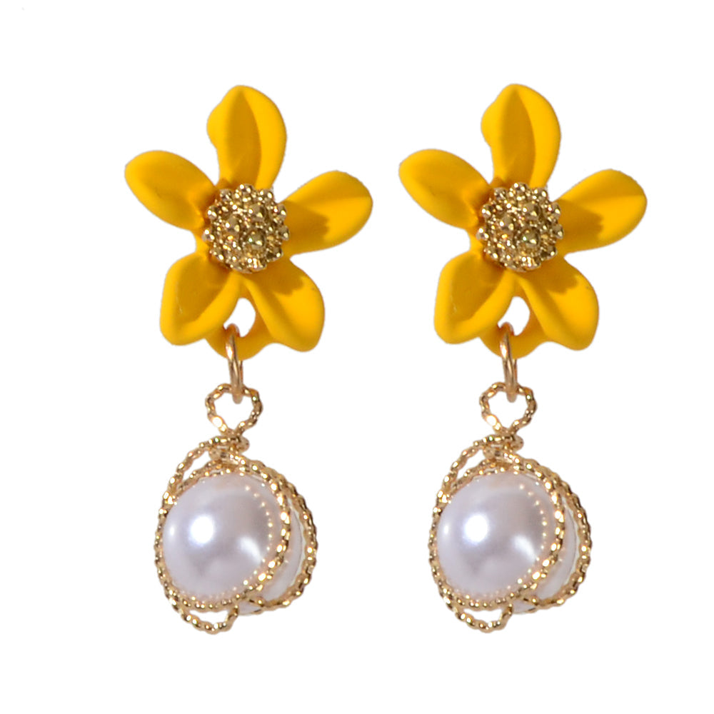 Textured Jewellery Pearl Decor Yellow Flower Drop Pierced Earring Dainty Gifts-4