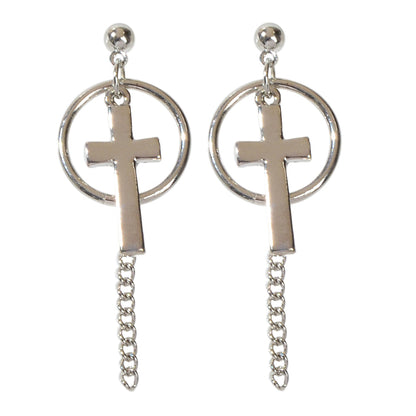 Hip Hop Punk Goth Style Silver Circle Chain Cross Dangle Earrings Female Jewelry-4