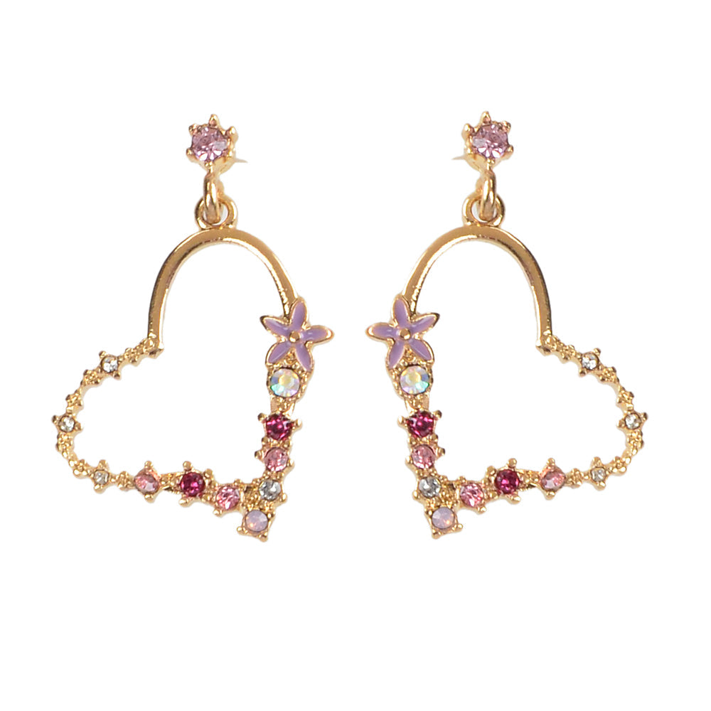 Good Quality Rhinestone Flower Gold Heart Drop Earrings Girl Fashion Accessories-5