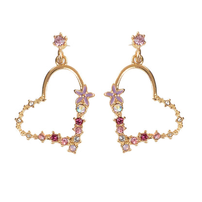 Good Quality Rhinestone Flower Gold Heart Drop Earrings Girl Fashion Accessories-5