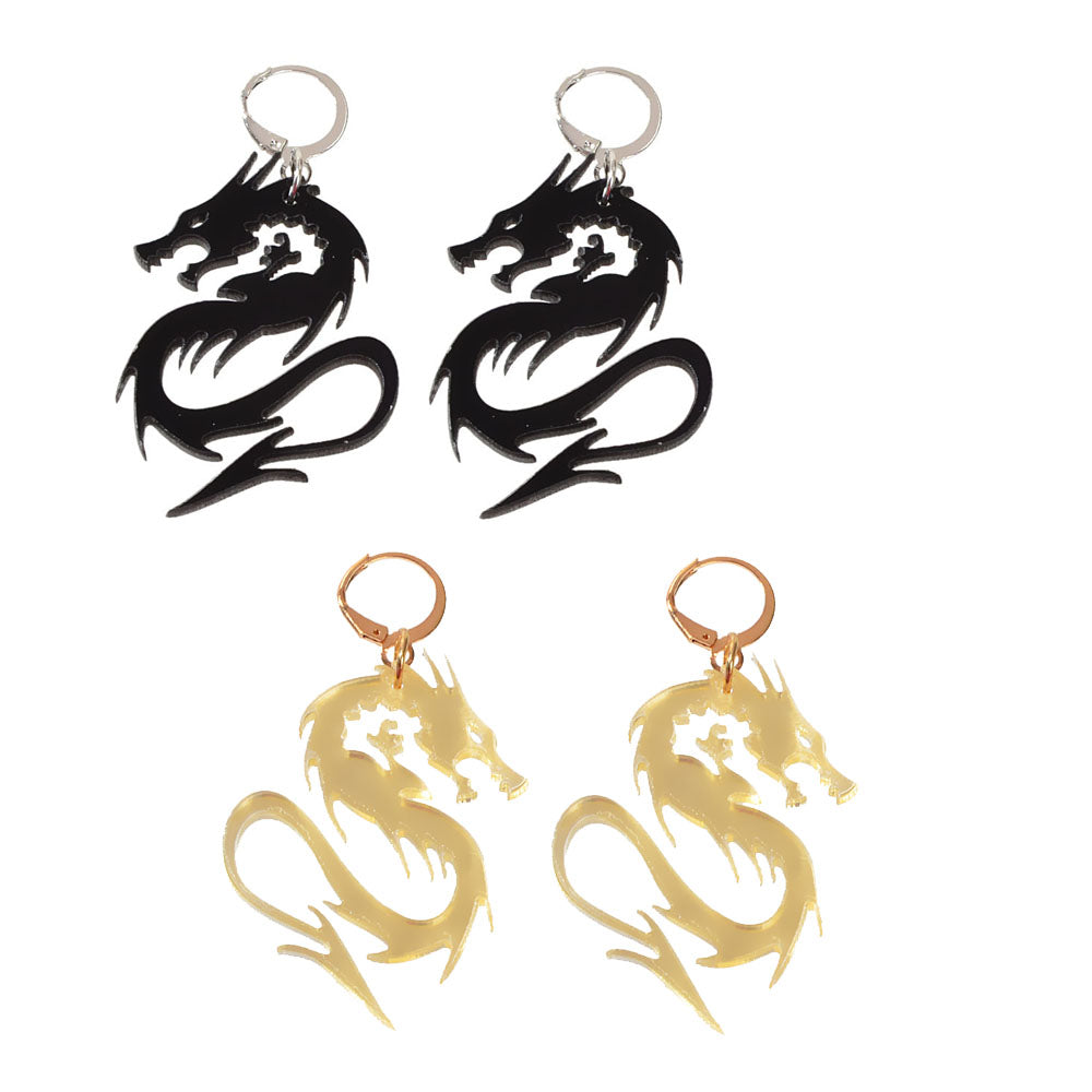 2pairs Hiphop Jewellery Acrylic Black Gold Dragon Drop Earrings Punk Accessories-5