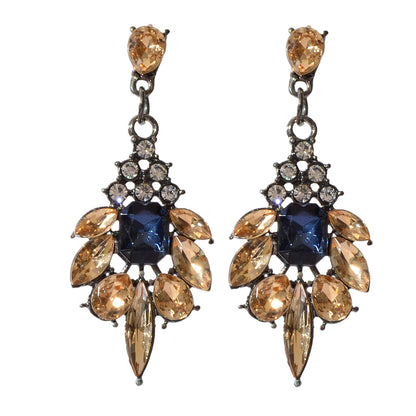Luxurious Blue Champagne Crystal Flower Wedding Dangle Chunky Chandelier Earring-4