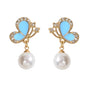 Colorful Enamel Rhinestone Pearl Decor Butterfly Drop Earrings Dainty Women Gift-5