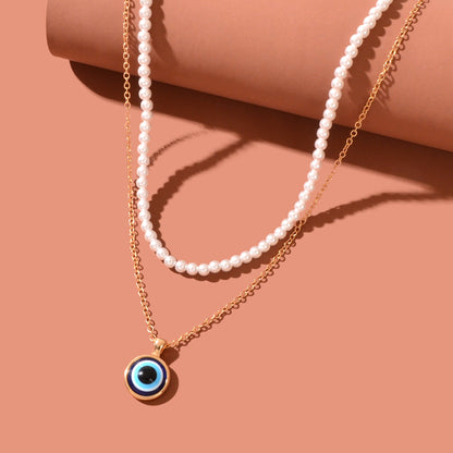 Stylish Golden Chain Layered Imitation Pearl Evil Eye Pendant Necklace Party Daily Jewelry-1