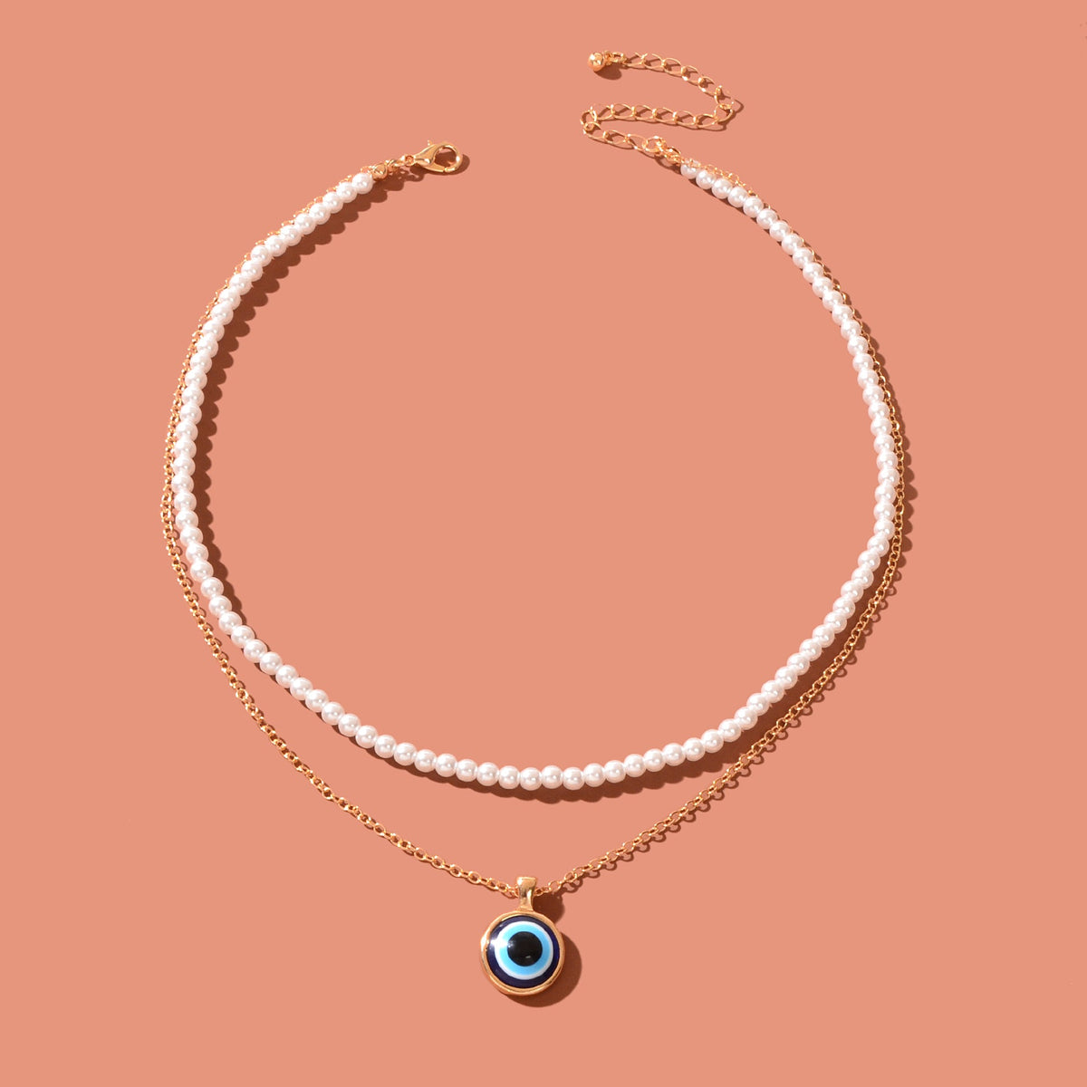 Stylish Golden Chain Layered Imitation Pearl Evil Eye Pendant Necklace Party Daily Jewelry-2
