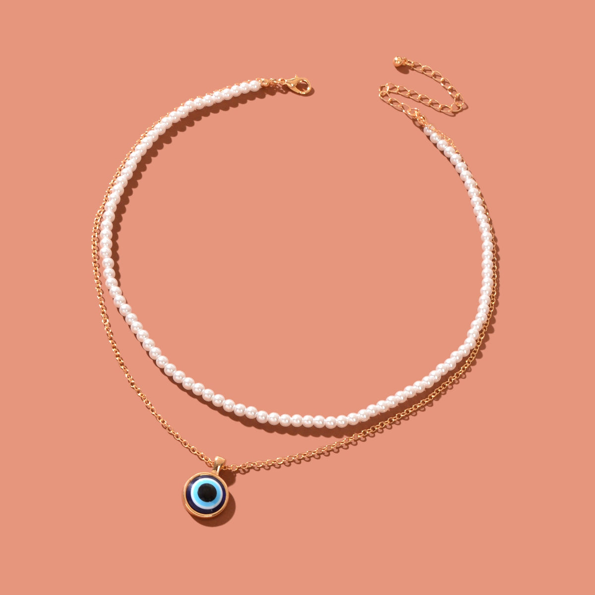 Stylish Golden Chain Layered Imitation Pearl Evil Eye Pendant Necklace Party Daily Jewelry-3