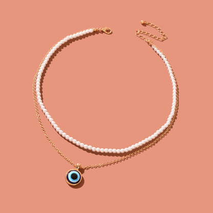 Stylish Golden Chain Layered Imitation Pearl Evil Eye Pendant Necklace Party Daily Jewelry-3