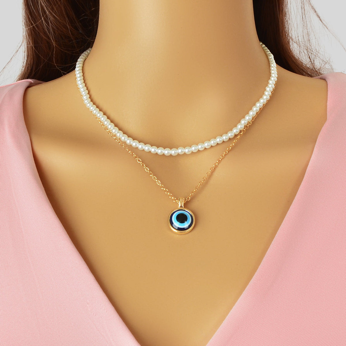 Stylish Golden Chain Layered Imitation Pearl Evil Eye Pendant Necklace Party Daily Jewelry-0