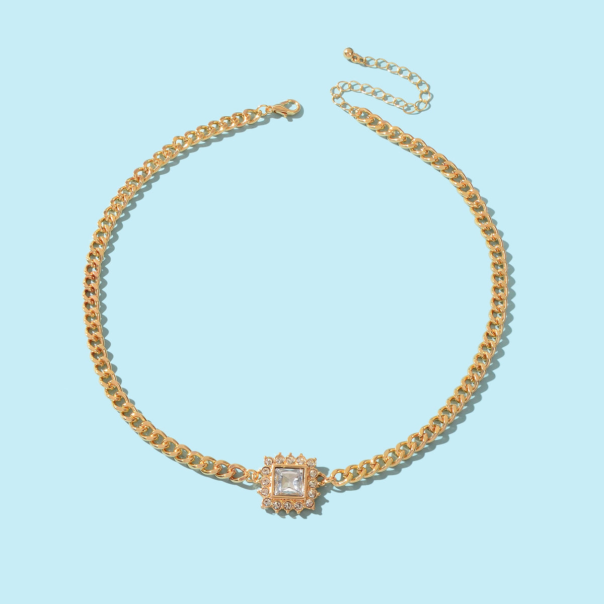 Stylish Party Jewelry Gold Thick Chain Rhinestone Decor Square Pendant Necklace-2