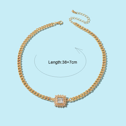 Stylish Party Jewelry Gold Thick Chain Rhinestone Decor Square Pendant Necklace-3