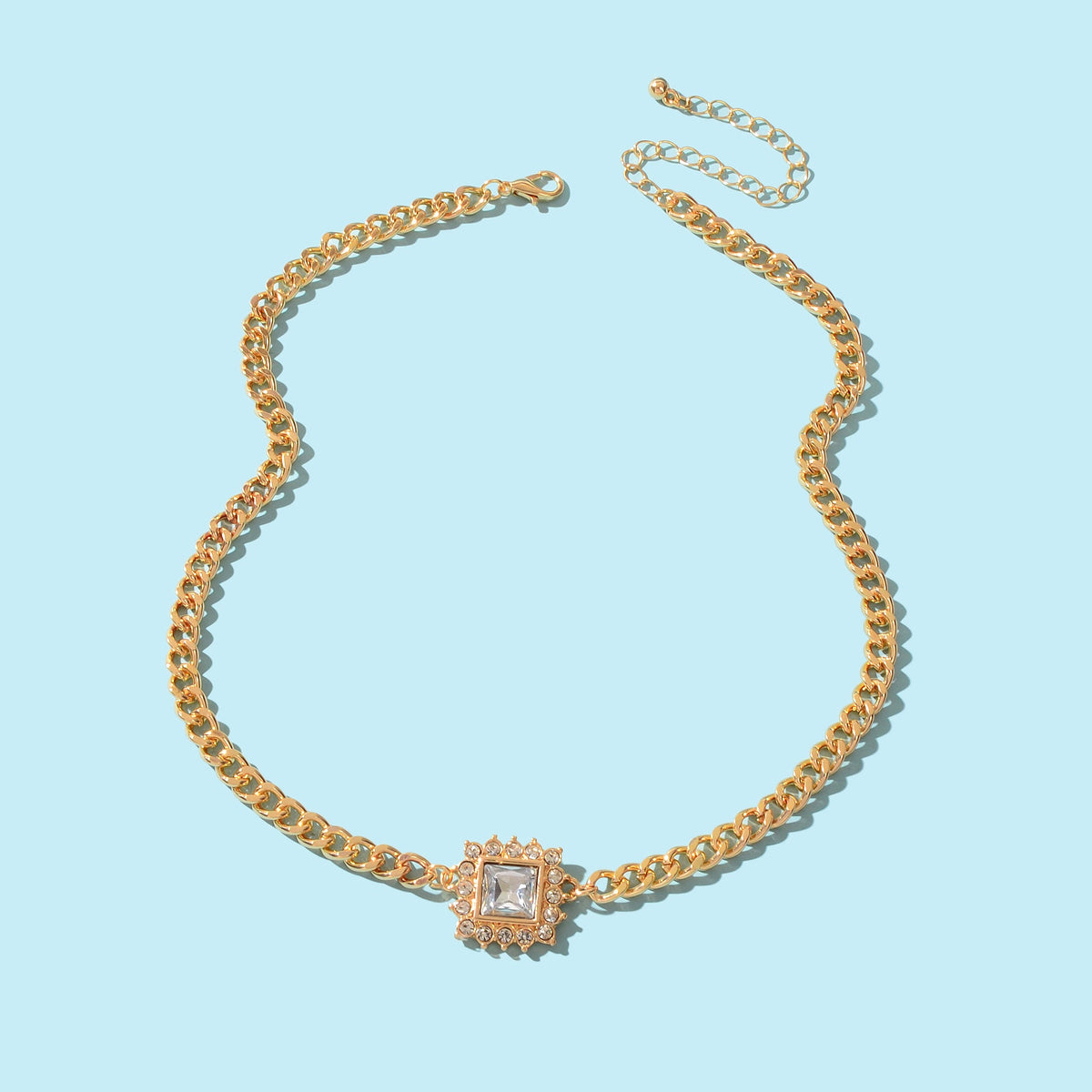 Stylish Party Jewelry Gold Thick Chain Rhinestone Decor Square Pendant Necklace-4
