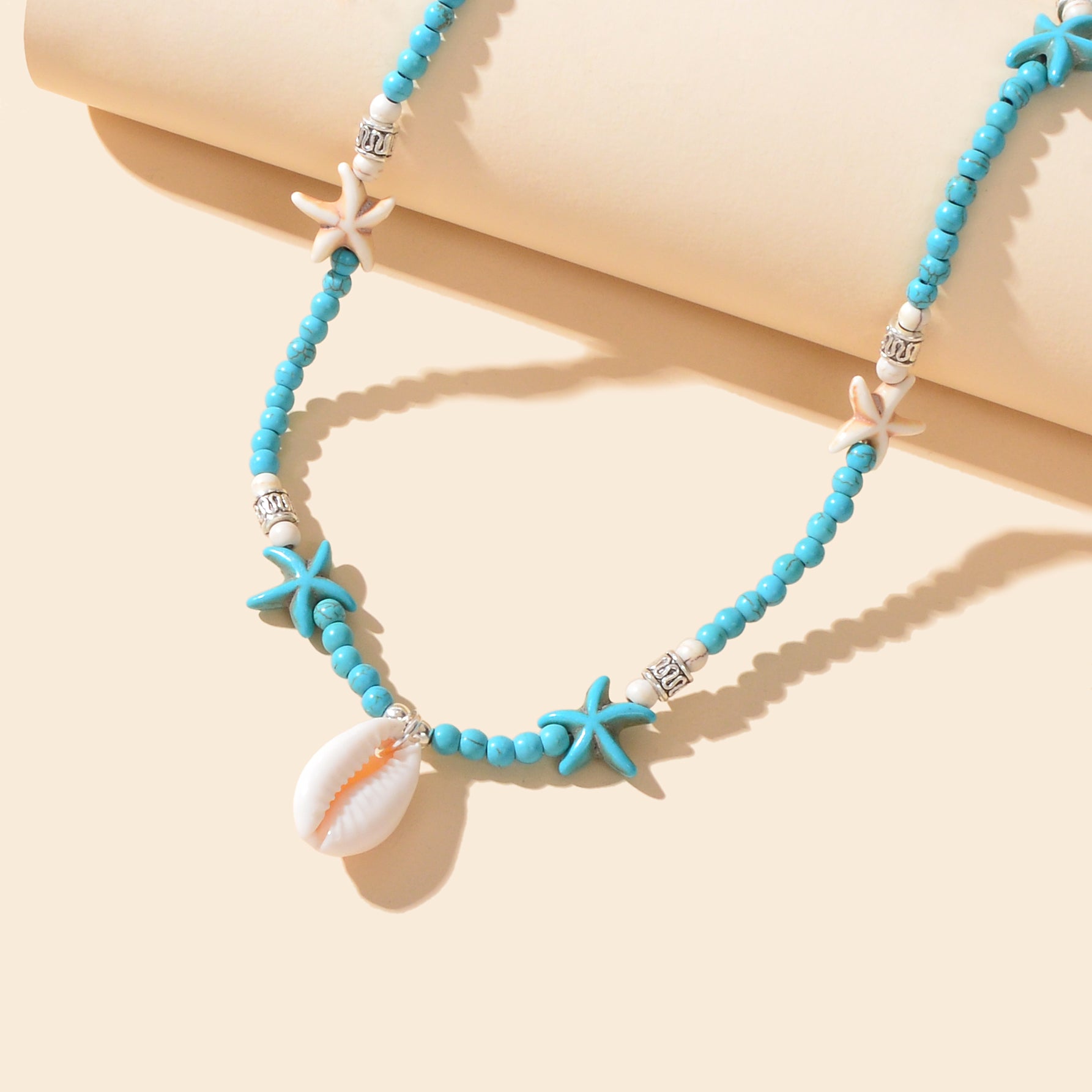 Sweet Jewellery Blue Colour Seed Beads Handmade Starfish Collar Short Necklace-3