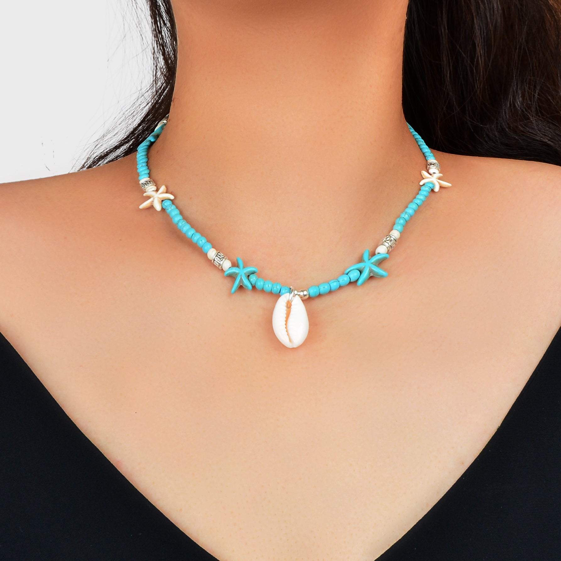 Sweet Jewellery Blue Colour Seed Beads Handmade Starfish Collar Short Necklace-4