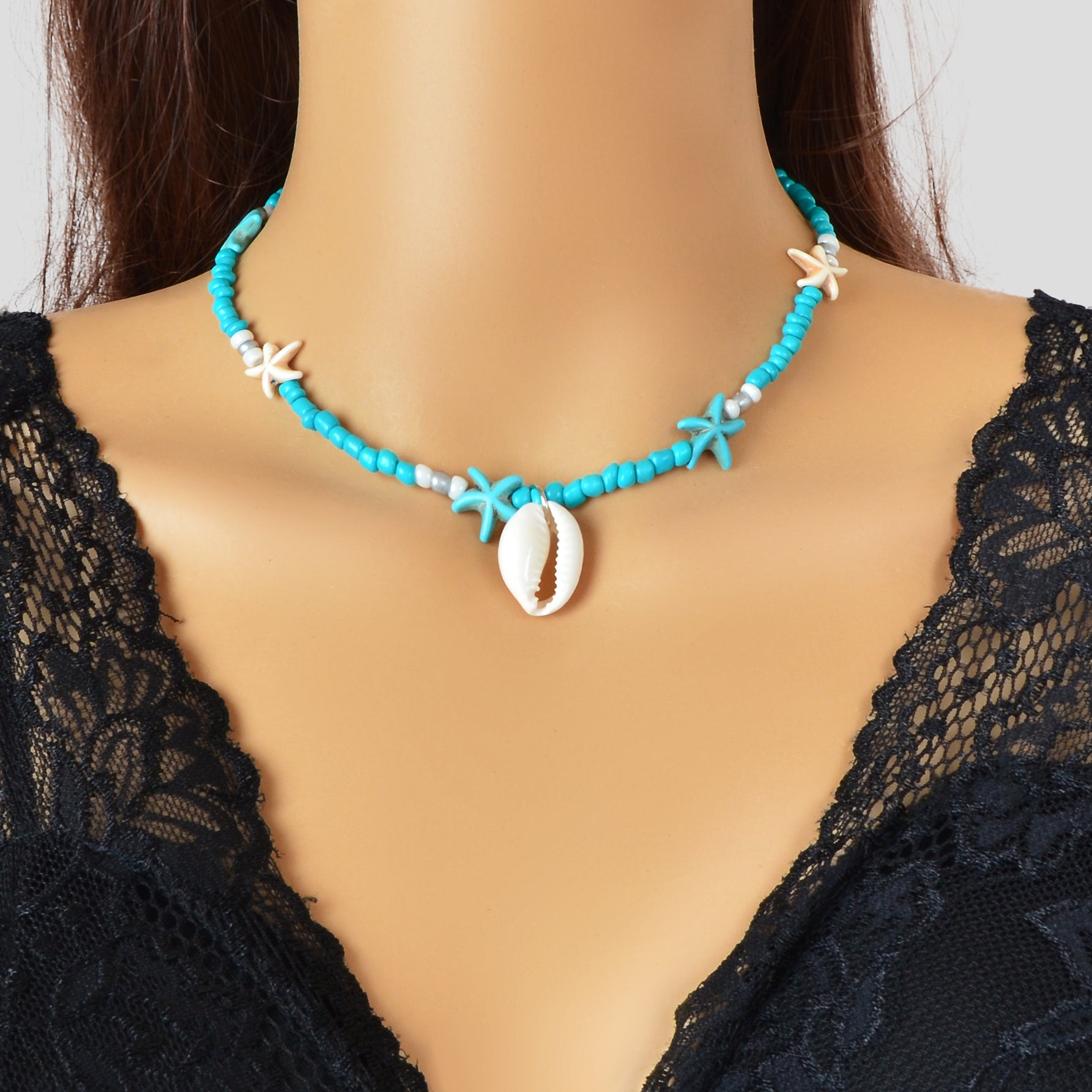 Sweet Jewellery Blue Colour Seed Beads Handmade Starfish Collar Short Necklace-0