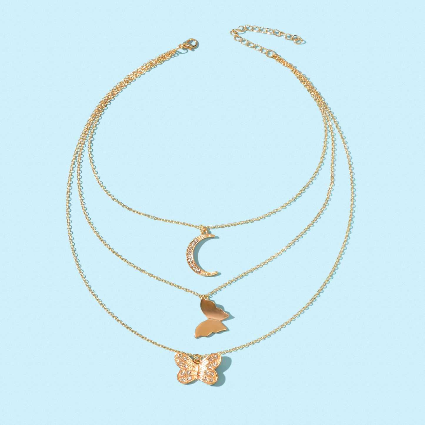 High Quality Layered Golden Chain Rhinestone Decor Butterfly Moon Pendant Necklace-1