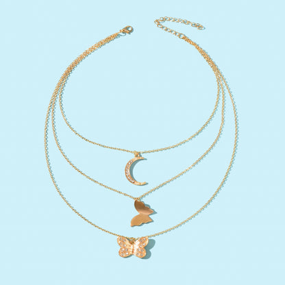 High Quality Layered Golden Chain Rhinestone Decor Butterfly Moon Pendant Necklace-1