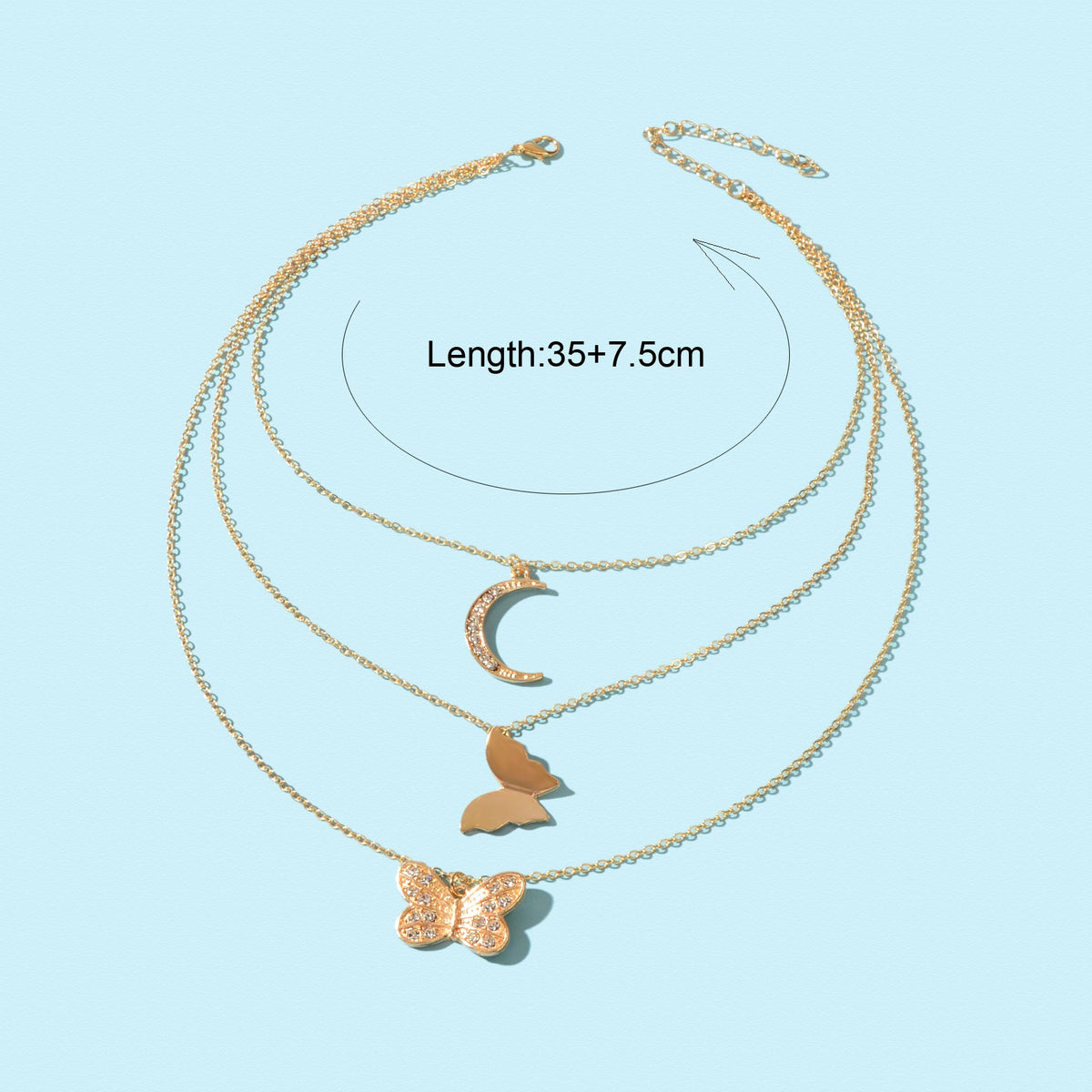 High Quality Layered Golden Chain Rhinestone Decor Butterfly Moon Pendant Necklace-4