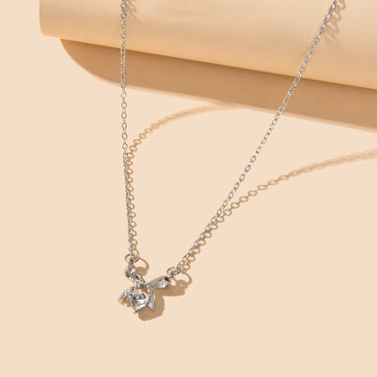 Wedding Bridal Jewelry Silver Bowknot Heart Rhinestone Charm Clavicle Necklace-1
