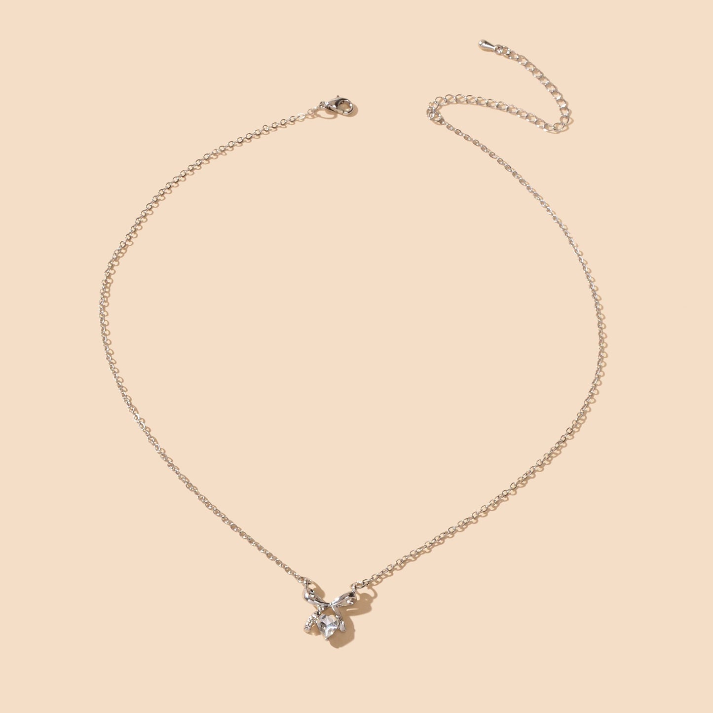 Wedding Bridal Jewelry Silver Bowknot Heart Rhinestone Charm Clavicle Necklace-2