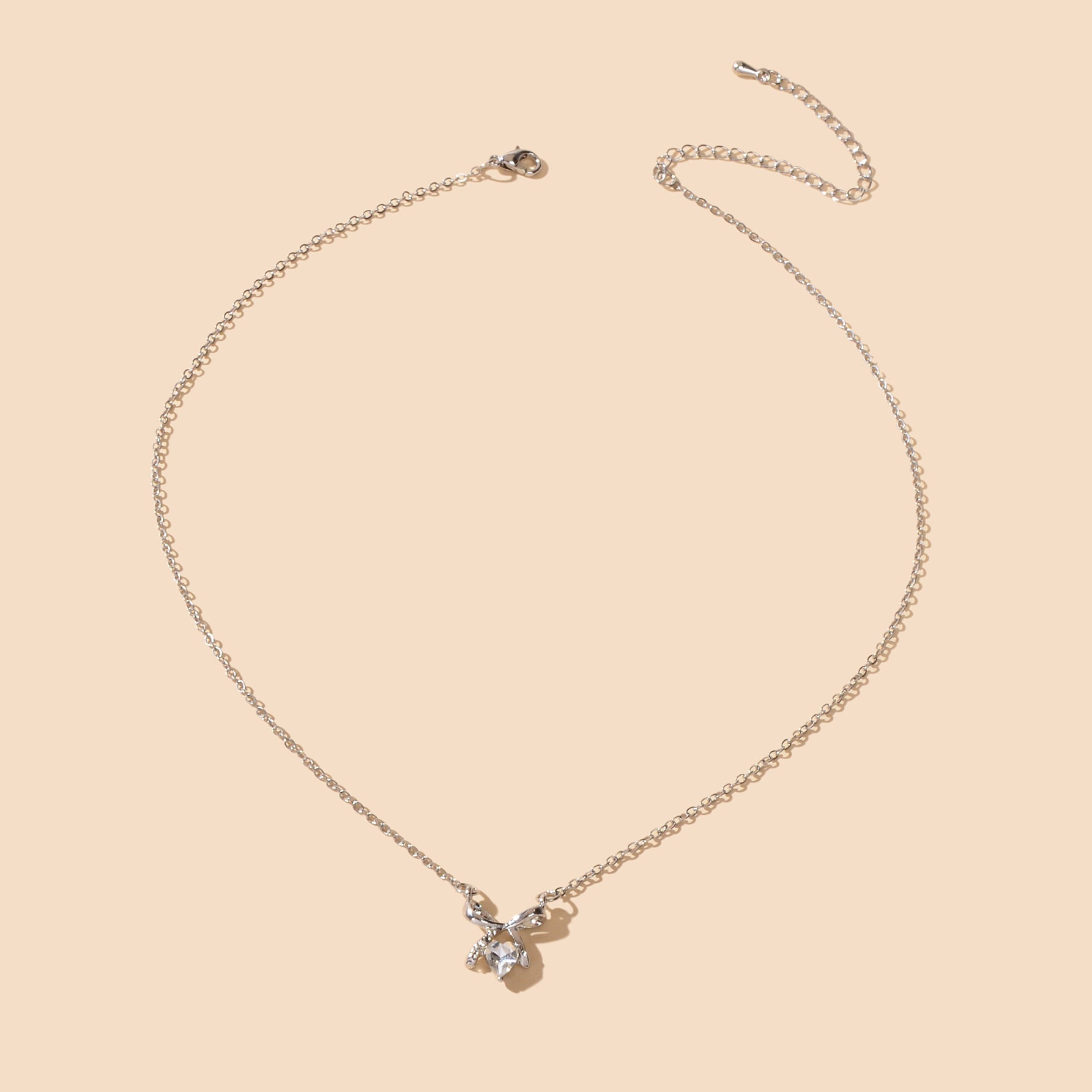 Wedding Bridal Jewelry Silver Bowknot Heart Rhinestone Charm Clavicle Necklace-2