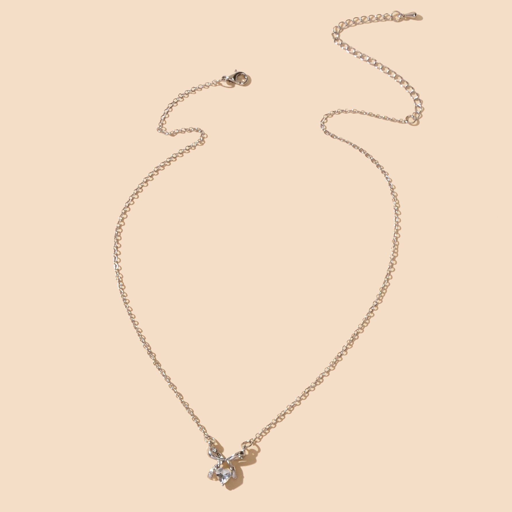 Wedding Bridal Jewelry Silver Bowknot Heart Rhinestone Charm Clavicle Necklace-3
