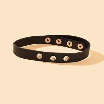 Punk Hip-hop Street Jewelry Black PU Leather Rhinestone Decor Collar Necklace-1