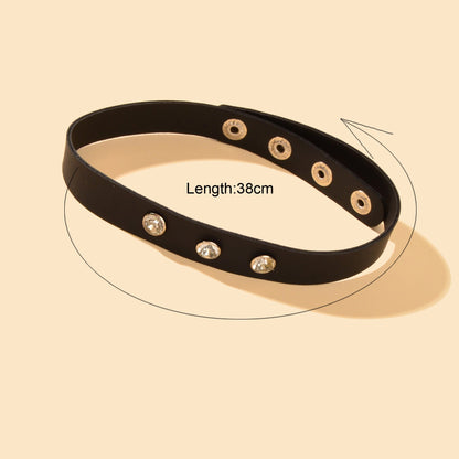 Punk Hip-hop Street Jewelry Black PU Leather Rhinestone Decor Collar Necklace-3