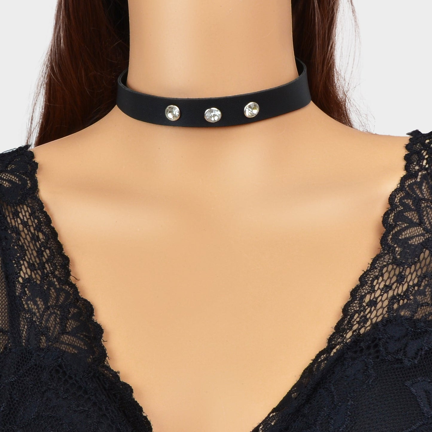 Punk Hip-hop Street Jewelry Black PU Leather Rhinestone Decor Collar Necklace-0